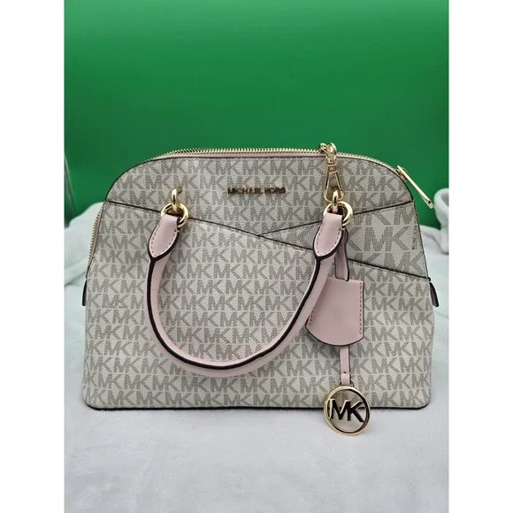 Michael Kors Med Saffiano Leather Dome Satchel Vanilla/Pink Crossbody - Picture 1 of 6